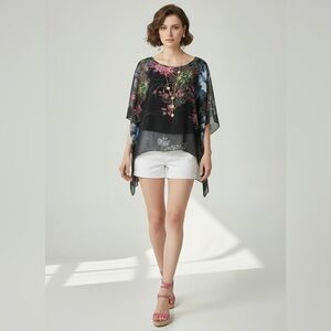 Xin Shi Shang Fu Shi Sheer Floral Poncho Blouse Chiffon Overlay